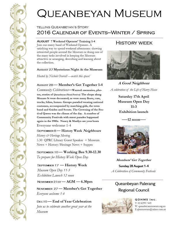 Queanbeyan Museum Calendar of Events 2016 summer autumn update